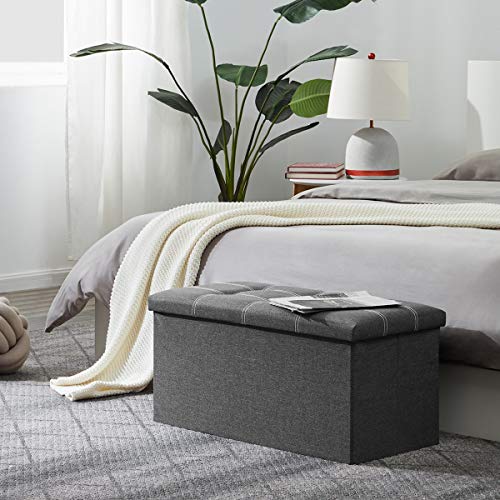 YOUDENOVA 30" Linen Ottoman with Storage, Folding Bench, Gray | Foldable linen ottoman with hidden storage, padded seat and sturdy frame for living room or bedroom.