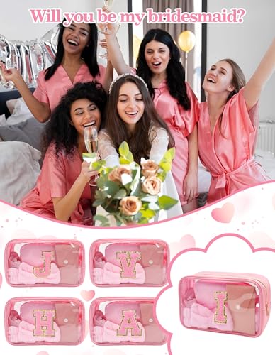 Initial Makeup Bag with Makeup Brush Set Party Favors Gifts for Women Girls | Pink Spa Kit with Skincare Headbands Wrist Bands Sleepover Bachelorette Party Supplies Gifts for Teen Girls Bridesmaid I