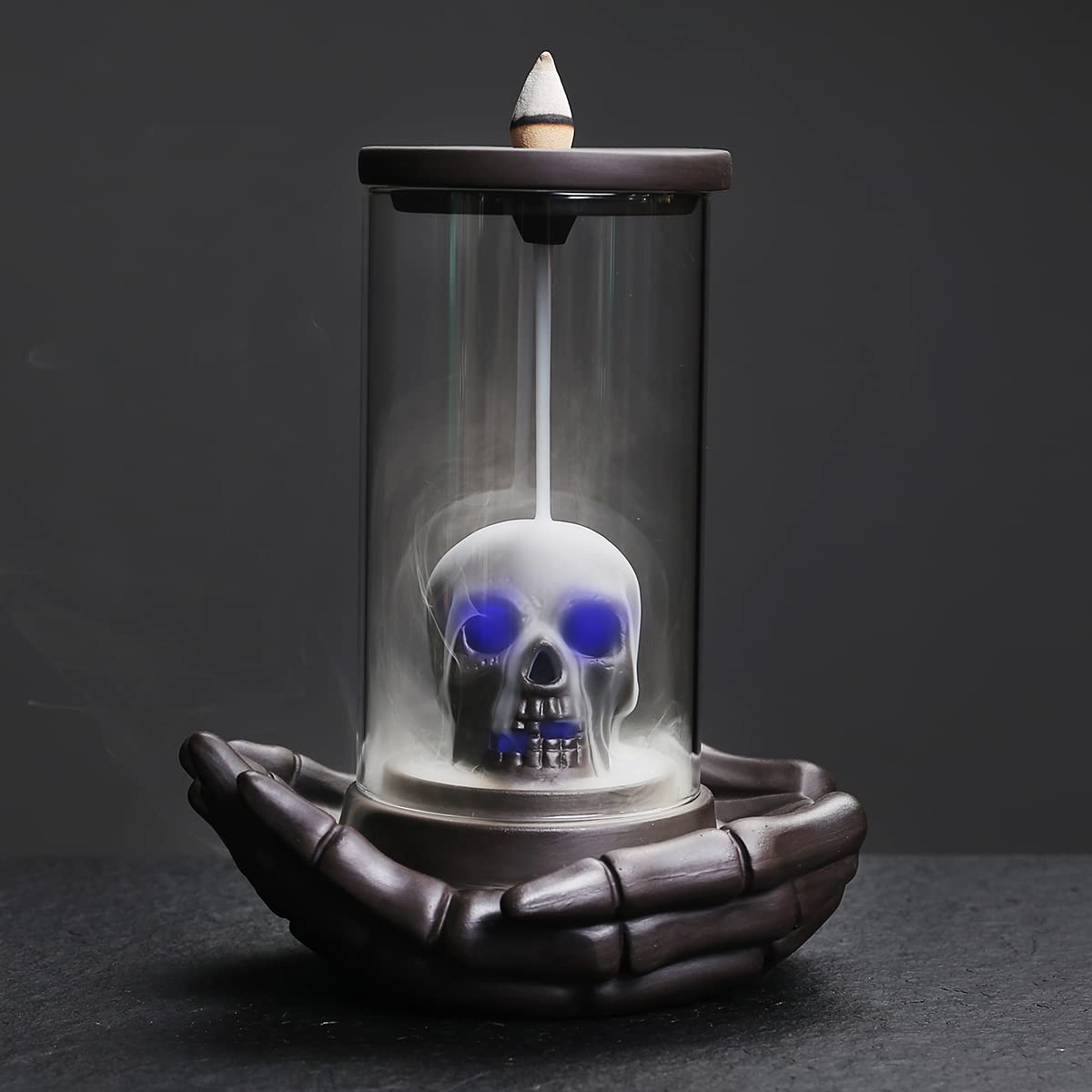 Skull Incense Burner Holder - Backflow Waterfall , LED Ceramic Unique Skeleton Incense Burner with 15 Incense Cones for Halloween/Aromatherapy/Yoga/Home/Room/Office Deco