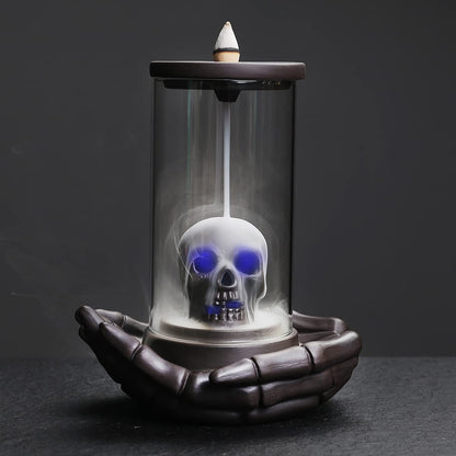 Skull Incense Burner Holder - Backflow Waterfall , LED Ceramic Unique Skeleton Incense Burner with 15 Incense Cones for Halloween/Aromatherapy/Yoga/Home/Room/Office Deco