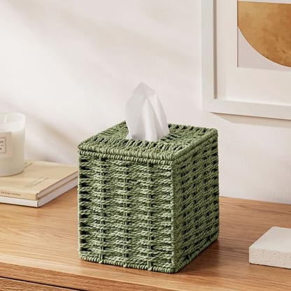 Sage Green Tissue Box Cover, Paper Rope Hand Woven Square Tissue Box Holder for Home Decor, Bathroom Countertop, Office, Bedside Table