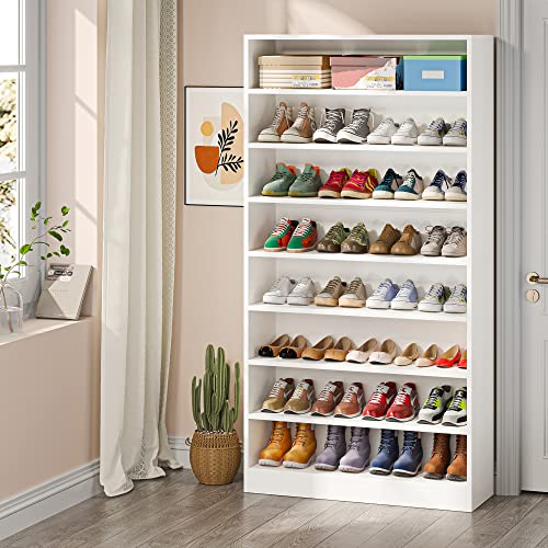 Tribesigns Shoe Cabinet, 9 Tiers 40-45 Pairs Heavy Duty Wood Freestanding Shoe Storage Cabinet, 70.8'' Tall Shoe Organizer with Open Storage for Entryway, White