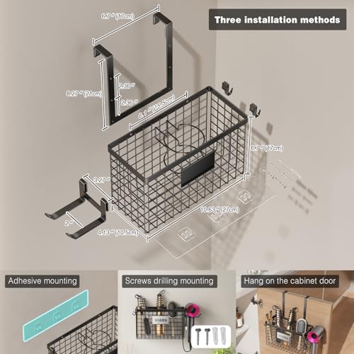 Hair Dryer Holder Cabinet Door, Adhesive Hair Tool Organizer Wall Mount Adjustable Height Blow Dryer Holder Under Sink/Countertop for Flat Curling Iron, Hair Brush and Straightener (1, Black)