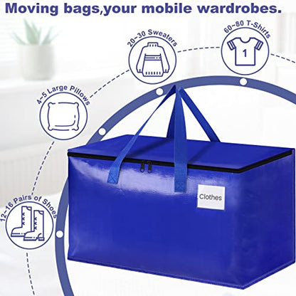 StorageRight Moving Bags, Moving Boxes, 93L 4-Pack Sotrage Bags Totes, Blue | Heavy Duty Storage Bins with Lids, Zipper, Reinforced Handles, Tag Pocket, Foldable Moving Supplies for Collge, Dorm,Travel