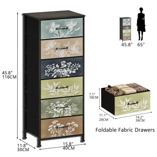 Vintage Dresser Vertical Nightstand with Neutral Botanical Plant Fabric Chest Drawers for Closet Bathroom Storage Tower Unit Bed Side Organizer Farmhouse Rustic (Multi, 6 Drawers)