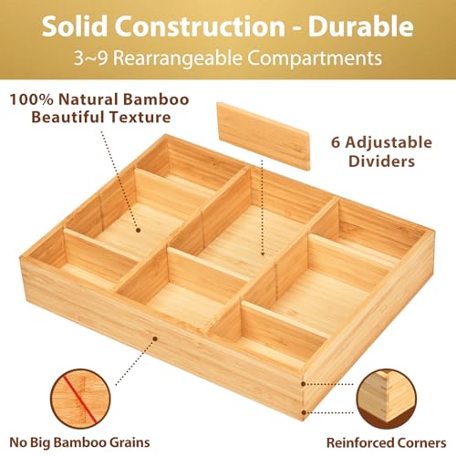 Bamboo Desk Drawer Organizer, Wood Junk Organizer Tray with Adjustable Dividers, Anti-Skip Storage Organization in Office Bathroom Drawer for Vanity, Makeup, 12" x 9"
