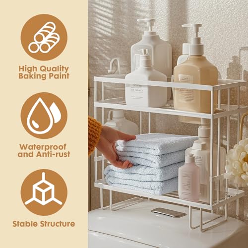 PowerKing Over The Toilet Storage Shelf, 2-Tier Bathroom Organizer, White | No Drill Installation, Rust Resistant Steel, 2 Hanging Hooks, Toilet Paper Holder, Restroom & Bathroom Space Saver