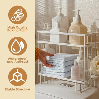 PowerKing Over The Toilet Storage Shelf, 2-Tier Bathroom Organizer, White | No Drill Installation, Rust Resistant Steel, 2 Hanging Hooks, Toilet Paper Holder, Restroom & Bathroom Space Saver