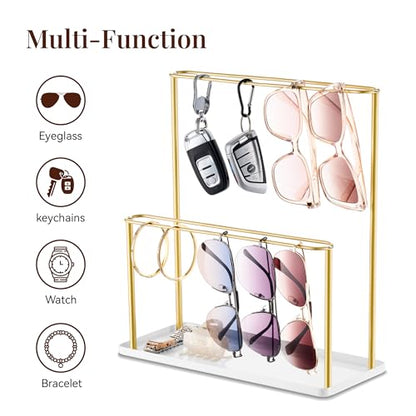 Sunglasses Organizer Glasses Holder Stand with Tray, Eye Glasses Display, 2 Tier Sunglass Storage Rack for Multiple Glasses, for Desk, Nightstand, Dresser, Vanity, Metal, Gold