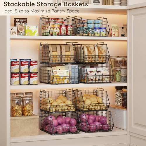 3-Tier Stackable Wire Baskets, Fruit and Vegetable Storage for Counter | Wall-Mount Potato and Onion Storage Bin, Metal Produce Basket, Kitchen Pantry Organizer and Storage on Cabinet for Snack/Can
