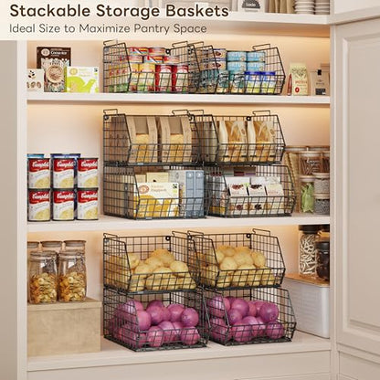 3-Tier Stackable Wire Baskets, Fruit and Vegetable Storage for Counter | Wall-Mount Potato and Onion Storage Bin, Metal Produce Basket, Kitchen Pantry Organizer and Storage on Cabinet for Snack/Can