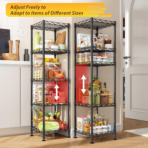 DurayLoly 5 Tier Storage Shelf, Metal Wire Shelving Unit, Black | Slim narrow design,325 lbs capacity,rust-resistant steel,upward mesh grid, tool-free,for bathroom,kitchen,laundry