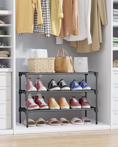 Kitsure Shoe Rack - Non-Woven Shoe Rack Shelf, 27.5" Wide - 3 Tier, Black | Shoe Organizer for Closet, Entryway, Garage, Stackable Shoe Shelves, college dorm&apartment essentials