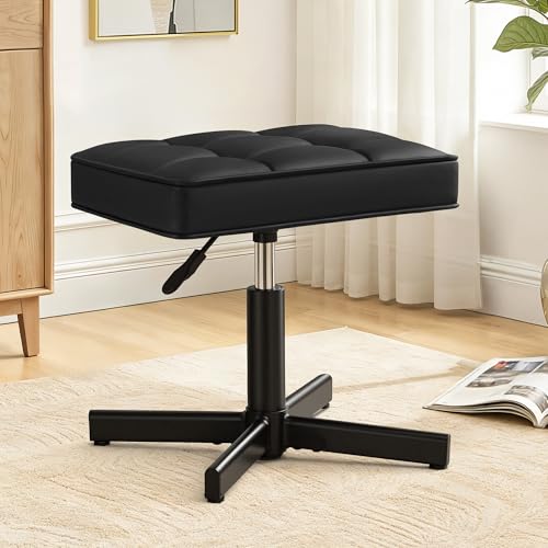 Adjustable Vanity Stool, Foot Rest Under Desk, 360... (Black | Faux Leather)