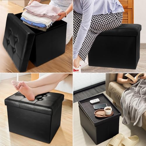 AmasSmile Ottoman with Storage, 17" Folding Leather Foot Rest Stool,Black | Storage Ottoman Foot Rest Stool, Thickened Foam Cushion,Living Room, Bedroom, Dorm, Load 300 lbs, Easy to install,17x13x13in