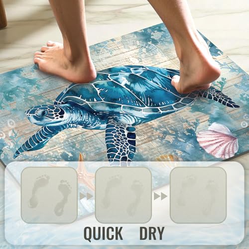 Turtle Bathroom Rugs, Quick Dry Absorbent Non Slip Bath Mat 16x24 in | Rubber Backing, Machine Washable Bathroom Mat for Shower, Tub and Sink Areas with Beach Seashell Ocean Blue