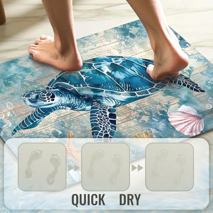 Turtle Bathroom Rugs, Quick Dry Absorbent Non Slip Bath Mat 16x24 in | Rubber Backing, Machine Washable Bathroom Mat for Shower, Tub and Sink Areas with Beach Seashell Ocean Blue