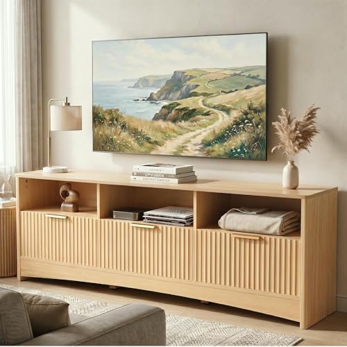 Marsail Fluted TV Stand for 65 inch TV, Modern Entertainment Center with Drawers, Boho TV Stands Wood Media Console Cabinet with Storage and Shelves, TV Consoles for Living Room, Bedroom, Oak