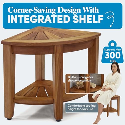 AquaTeak Kai Corner 15.5" Teak Shower Bench | Durable, Water-Resistant Teak, Shower Chair & Shaving Foot Rest, Indoor/Outdoor Use