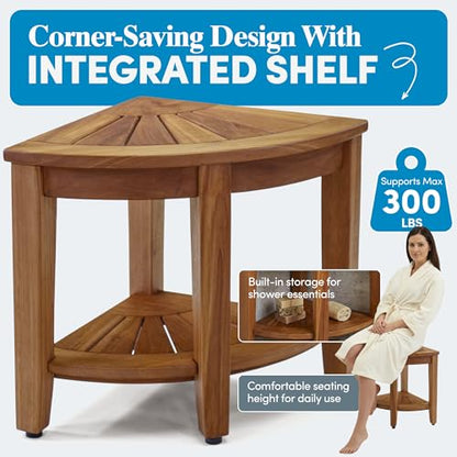 AquaTeak Kai Corner 15.5" Teak Shower Bench | Durable, Water-Resistant Teak, Shower Chair & Shaving Foot Rest, Indoor/Outdoor Use