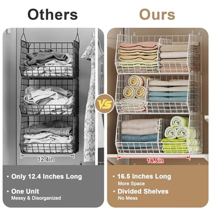 3 Tier Extra Large Closet Hanging Shelves with Divider, 16.5"L x 11.8"W x 33.6"H Closets Organizers and Storage with 5 S Hooks, Clothes Organizer for Sweaters Shoes Handbags Clutches Accessories-White