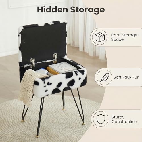 Teddy Storage Ottoman, Flip Top Vanity Stool, Cow | Soft teddy fabric, hidden storage, padded seat, sturdy metal legs, adjustable feet for vanity, bedroom, or dressing area.