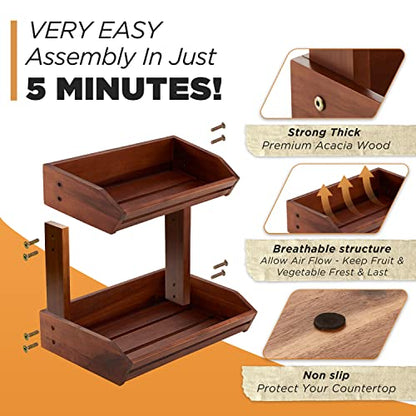 Acacia 2 Tier Fruit Basket for Kitchen Counter Organizer – Wooden Fruit Bowl & Wooden Basket for Kitchen Counter Storage, Vegetable & Produce Storage, Snack Organizer for Countertop (Acacia)