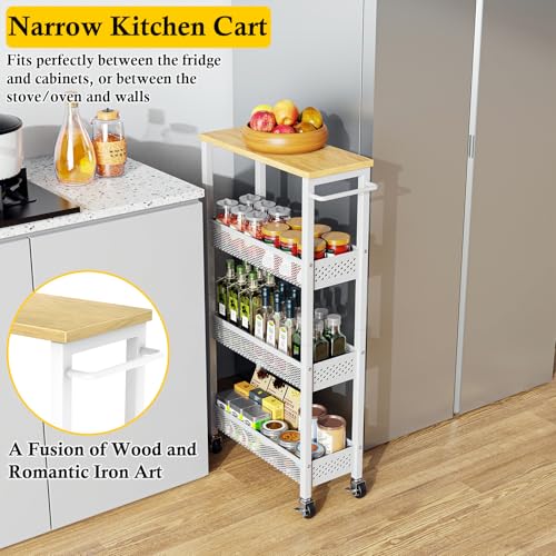 Slim Laundry Room Organization Cart with Upgraded Metal Hub Casters | Fits between washer & dryer, 4-Tier space-saving narrow rolling cart, Premium wood top & metal mesh shelf, with handle & hook