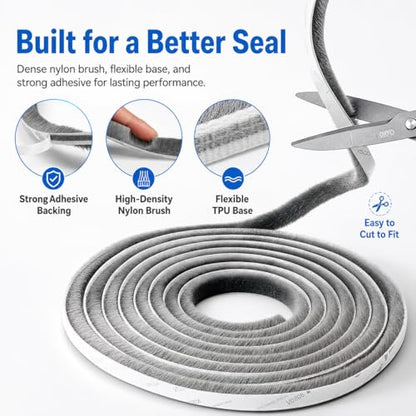 Brush Weather Stripping, Self-Adhesive Pile Door Seal Strip for Sliding Doors and Windows, Felt Weatherstrip Draft Stopper, Soundproof Dustproof Window Gap Seal, Gray, 40FT