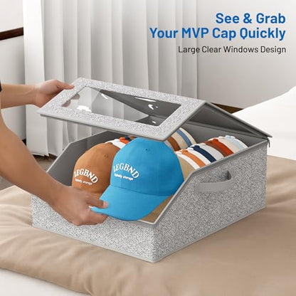 Sturdy Hat Storage for Baseball Caps, Holds up to 24 Caps Clear Hat Organizer for Closet, Bedroom, Wide Hat Box with Cardboard (Grey)