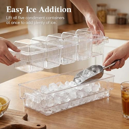 Lifewit Chilled Condiment Container with Individual Lids & Handle Design | Available with Spoons & Tongs, BPA-free Condiment Caddy with 5 Containers, Ice Garnish Tray for Taco, Mimosa & Dirty Soda Bar