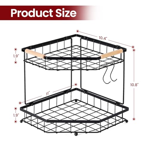 2 Tier Corner Fruit Basket for Kitchen Counter with Banana Hangers, Detachable Fruit Bowl with Wooden Handle, Metal Corner Rack for Fruit and Vegetable Storage, Kitchen Countertop Organizer
