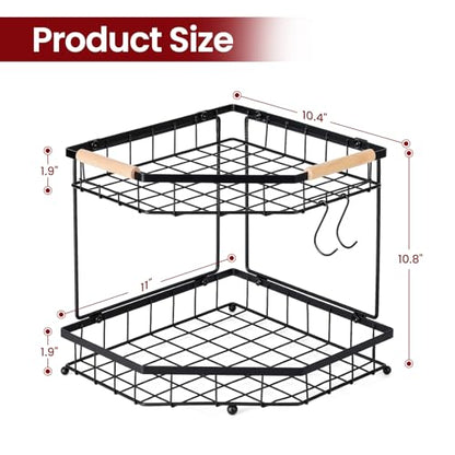 2 Tier Corner Fruit Basket for Kitchen Counter with Banana Hangers, Detachable Fruit Bowl with Wooden Handle, Metal Corner Rack for Fruit and Vegetable Storage, Kitchen Countertop Organizer