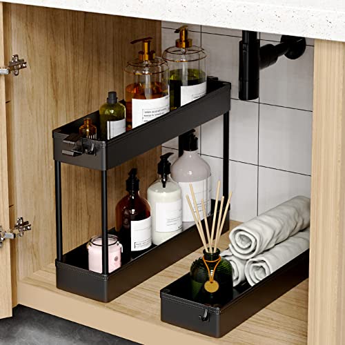 Slim Rolling Storage Cart, 3 Tier Bathroom Storage... (Black | Plastic)