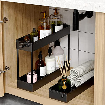 Slim Rolling Storage Cart, 3 Tier Bathroom Storage... (Black | Plastic)