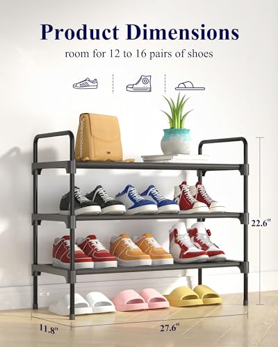 Kitsure Shoe Rack for Closet, Shoe Storage, 27.6" Wide - 3 Tiers, Black | Shoe Organizer for Closet, Entryway, Living Room, Space-Saving Shoe Shelf, Sturdy Zapateras Organizer