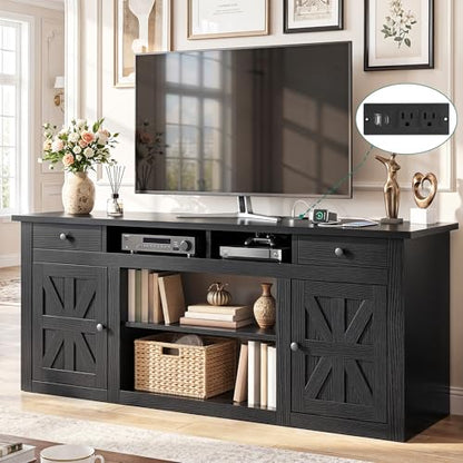 YITAHOME Farmhouse TV Stand with Storage Cabinets for 65" TV, Black | 59 Inch Entertainment Center with Drawers, Power Outlet, Adjustable Shelves, TV Media Console for Living Room