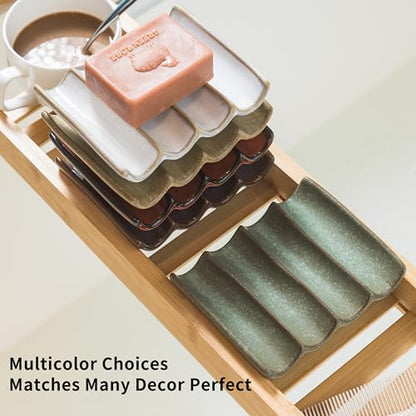 Draining Ceramic Soap Dish - Fluted Design, Bar Soap Holder for Shower & Bathroom, Soap Saver Sponge Lift, Green
