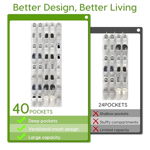 Over the Door Shoe Organizer with 40 Large Breathable Mesh Pockets, Space Saving Shoe Holder, Hanging Shoe Rack for Entryway Bedroom Closet Storage (White, 40 Pockets)