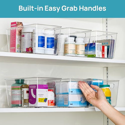 Vtopmart 6 Pack Clear Storage Bins, Pantry Cabinet Organizer Bins, Medium | Plastic Pantry Storage Bins with Handle, Storage Containers for Fridge, Cabinet, Kitchen, Countertops, Cupboard, Freezer