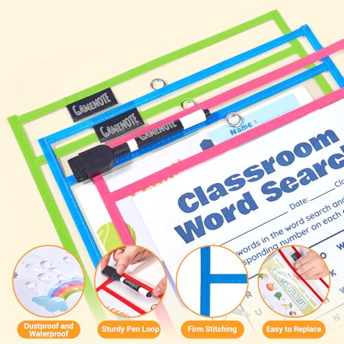 GAMENOTE 30 Pack Dry Erase Pockets, 10x14 Reusable Sleeves, 10 Colors | 30 reusable PVC pockets hold 8.5 x 11 and 9 x 12 sheets; double sided wipe clean surfaces, pen loops, eyelets, and 5 rings
