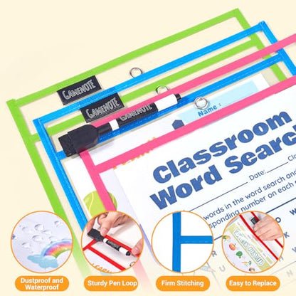 GAMENOTE 30 Pack Dry Erase Pockets, 10x14 Reusable Sleeves, 10 Colors | 30 reusable PVC pockets hold 8.5 x 11 and 9 x 12 sheets; double sided wipe clean surfaces, pen loops, eyelets, and 5 rings