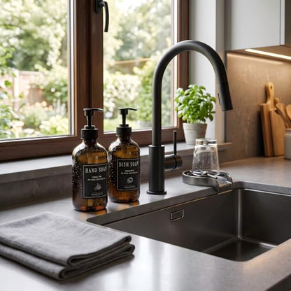 12 Pack 8oz Amber Glass Bottles with Pump Dispensers | Refillable Soap Dispensers for Shampoo, Conditioner, Lotion & Body Wash, Bathroom & Kitchen, Includes 2 Funnels & 12 Labels
