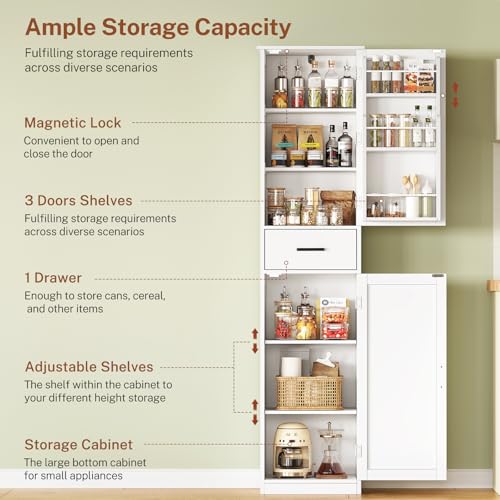 Tall Storage Cabinet with 3 Door Shelves & 1 Drawer, Narrow Kitchen Pantry Cabinet for Living Room, Bathroom, Entryway, White