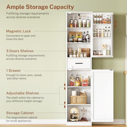 Tall Storage Cabinet with 3 Door Shelves & 1 Drawer, Narrow Kitchen Pantry Cabinet for Living Room, Bathroom, Entryway, White