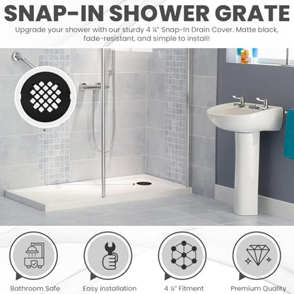 4 ¼” Matte Black Snap-in Shower Drain Cover - Premium Round Black Grate Replacement - 4.25" OD Strainer - Easy Install - Durable Solid Brass Construction