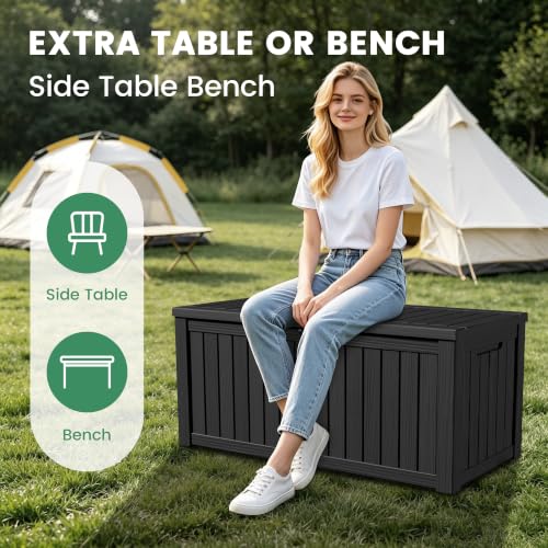 120 Gallon Outdoor Storage Box, Waterproof Resin Deck Box for Indoor & Outdoor Use, Lockable Storage Bench with Piston Hinge, Storage Bin for Patio Cushions, Garden Tools, Package Delivery