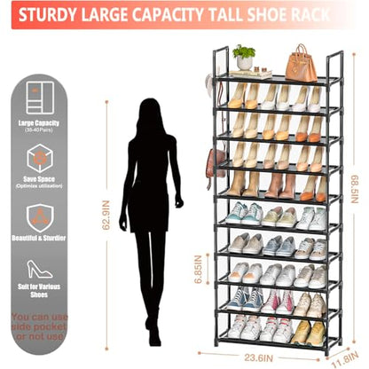 Tall Shoe Rack - 10 Tier Shoe Organizer 30-35 Pairs Boot Storage | with 5 Hooks, Pocket & Sturdy Large Vertical Shoe Shelf Stand Tower, Closet, Entryway, Bedroom, Garage, Free Standing