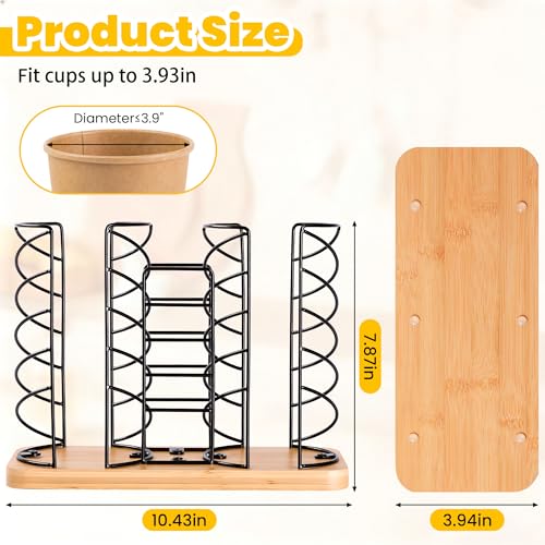 Coffee Station Organizer for Countertop, Cup and Lid Organizer with Straw Holder, 3 Section Disposable Cup Dispenser Rack with Bamboo Base for Office, Cafe, Kitchen, Break Room