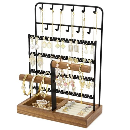 Jewelry Holder Organizer Stand 4-Tier Necklace Stand Earring Holder with Wooden Tray, Jewelry Rack for Bracelets Watches and Rings Display Stand, Gifts for Women & Girls-Black